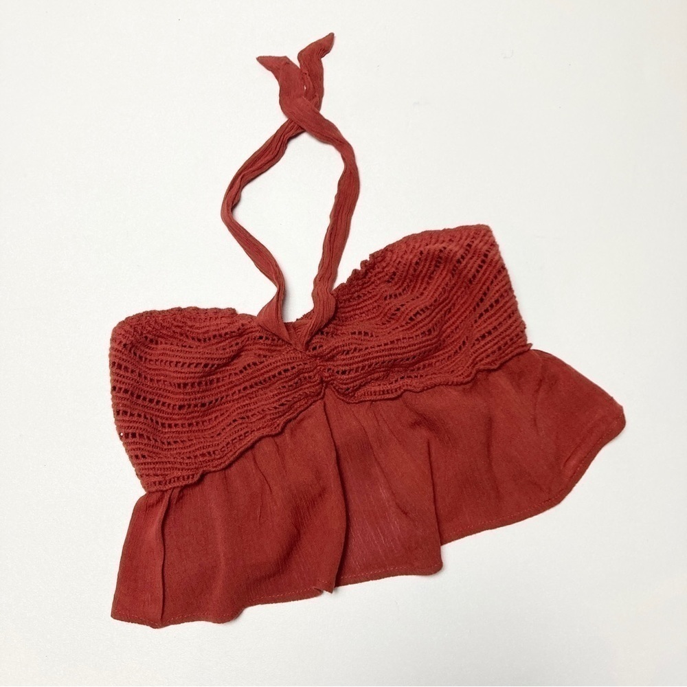 Small Cropped Top Crochet Design Over Ruffled Flowy Bottom Halter Top Shirt 🌻